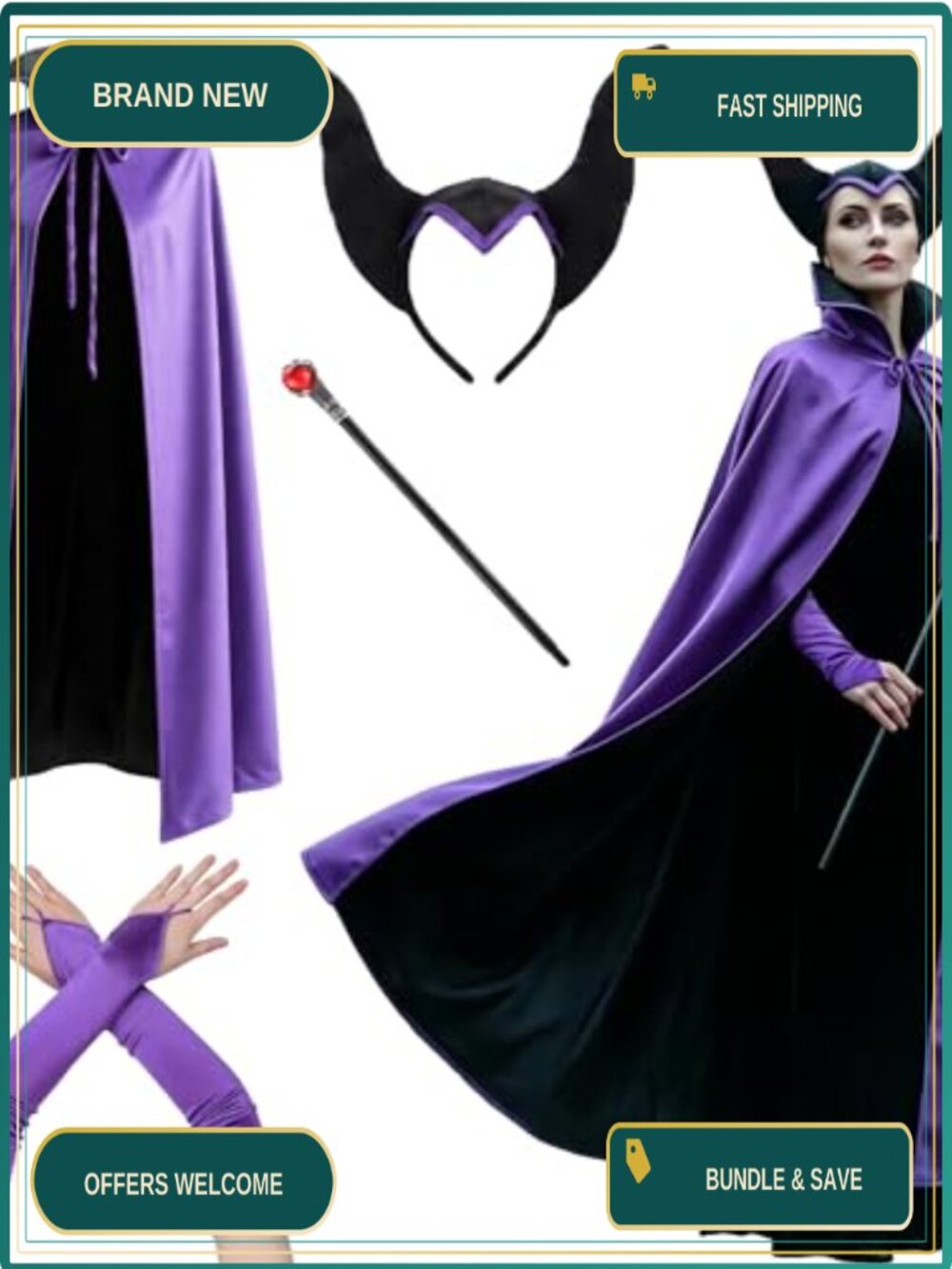Evil Queen Costume Set Cape Horn Headpiece Eagle Claw Staff Gloves Cosplay